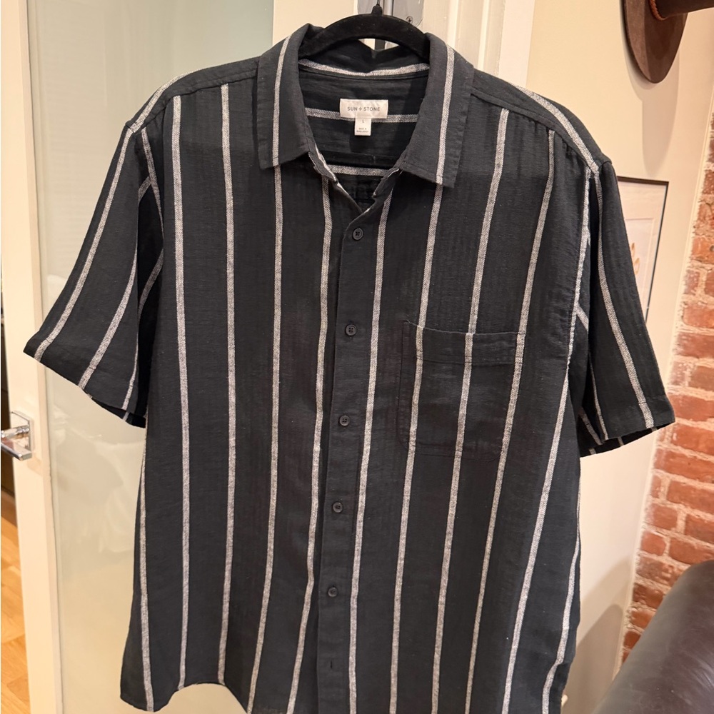 Sun + Stone Black Shirt with white Vertical Stripes